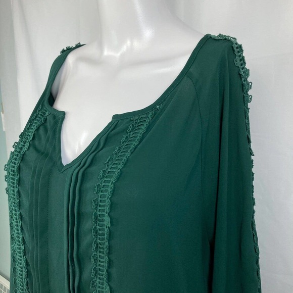 41 Hawthorn Shirt Womens Sz M Green Pleated Crochet 3/4 Sleeve V- Neck‎ Tunic - Picture 3 of 8